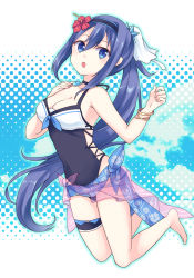 Rule 34 | 1girl, :o, absurdres, bangle, bare arms, bare shoulders, barefoot, black hairband, black one-piece swimsuit, blue eyes, blue hair, blue sky, bracelet, breasts, casual one-piece swimsuit, character request, cleavage, cloud, day, fingernails, floral print, flower, green outline, gucchiann, hair between eyes, hair flower, hair ornament, hairband, halftone, halftone background, hands up, head tilt, highres, jewelry, long hair, looking at viewer, medium breasts, mifuyu (princess connect!), mifuyu (summer) (princess connect!), one-piece swimsuit, outline, parted lips, ponytail, princess connect!, red flower, see-through, sidelocks, sky, solo, swimsuit, thigh strap, very long hair