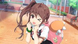Rule 34 | &gt; o, 1girl, 22/7, 22/7 ongaku no jikan, ;p, backpack, bag, bakemonogatari, black skirt, brown eyes, brown hair, brown scrunchie, character name, clenched hands, collared shirt, cosplay, dutch angle, game cg, green wristband, hachikuji mayoi, hachikuji mayoi (cosplay), hair ornament, hair scrunchie, hands up, high side ponytail, highres, lens flare, long hair, looking at viewer, monogatari (series), neck ribbon, non-web source, official art, one eye closed, outdoors, pink bag, red ribbon, ribbon, scrunchie, shirt, short sleeves, skirt, smile, solo, sparkle, suspender skirt, suspenders, toda jun, tongue, tongue out, upper body, white shirt