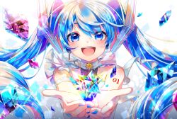 Rule 34 | 1girl, absurdres, bare shoulders, blue eyes, blue hair, blush, collar, colorful, commentary, dress, english text, hair ornament, hatsune miku, headphones, headset, highres, holding, long hair, looking at viewer, open mouth, prism, shirayuki towa, shoulder tattoo, sleeveless, sleeveless dress, smile, solo, sparkle, star ornament, stellated octahedron, tattoo, twintails, very long hair, vocaloid, white background, white dress