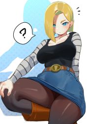 Rule 34 | 1girl, ?, absurdres, android 18, belt, black pantyhose, blonde hair, blue eyes, blue skirt, boots, breasts, brown belt, brown footwear, cleavage, dragon ball, dragonball z, expressionless, highres, large breasts, legs, nia (nia4294), pantyhose, short hair, skirt, solo, spoken question mark, thick thighs, thighs, upskirt