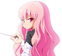 Rule 34 | 00s, 1girl, bad id, bad pixiv id, cape, female focus, long hair, looking at viewer, looking back, louise francoise le blanc de la valliere, pink eyes, pink hair, simple background, solo, take (office-t), wand, zero no tsukaima
