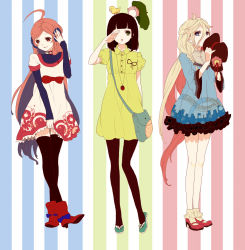 Rule 34 | 3girls, ahoge, animal, animal on head, bag, bird, bird on head, black hair, black pantyhose, black thighhighs, blonde hair, blue eyes, blunt bangs, bow, braid, bug, choker, clothes lift, creator connection, dres, dress, dress lift, full body, green eyes, hat, headphones, high heels, highres, ia (vocaloid), insect, ladybug, long hair, looking at viewer, looking away, massuru, multiple girls, on head, pantyhose, red eyes, red hair, sf-a2 miki, standing, striped, striped background, thighhighs, vertical stripes, very long hair, vocaloid, watch, zettai ryouiki