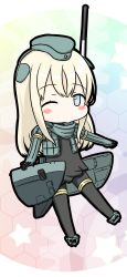 Rule 34 | 1girl, absurdres, blonde hair, blue eyes, blush, chibi, commentary, cropped jacket, engiyoshi, full body, garrison cap, hair ornament, hat, headgear, highres, kantai collection, long hair, long sleeves, looking at viewer, military, military uniform, one eye closed, puffy sleeves, rigging, rudder footwear, simple background, smile, solo, swimsuit, u-511 (kancolle), uniform