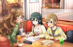 Rule 34 | backpack, bag, booth seating, cup, drinking glass, drinking straw, food, french fries, game cg, green eyes, green hair, idolmaster, idolmaster cinderella girls, idolmaster cinderella girls starlight stage, jewelry, kamiya nao, necklace, official art, ohishi izumi, plate, red eyes, table, tada riina, window, writing