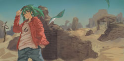 Rule 34 | 1girl, alternate costume, desert, earrings, eyewear on head, green eyes, green hair, hand in pocket, hatsune miku, highres, jacket, jewelry, long hair, looking at viewer, poster (object), road sign, ruins, sand, scenery, sign, solo, suna no wakusei (vocaloid), sunglasses, tsuiru, twintails, vocaloid