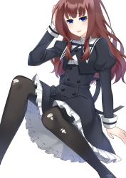 Rule 34 | 1girl, absurdres, arm at side, arm up, assault lily, black footwear, black pantyhose, black ribbon, black skirt, blue eyes, blunt bangs, brown hair, buttons, commentary request, cropped jacket, feet out of frame, frilled skirt, frills, hand in own hair, high-waist skirt, highres, juliet sleeves, kaede johan nouvel, knees up, light blush, long hair, long sleeves, looking away, matyata, miniskirt, neck ribbon, pantyhose, parted lips, puffy sleeves, raised eyebrows, ribbon, school uniform, shirt, shoes, sidelocks, simple background, sitting, skirt, solo, torn clothes, torn pantyhose, upskirt, wavy hair, white background, white shirt, yurigaoka girls academy school uniform