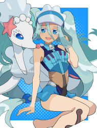 Rule 34 | 1girl, :d, absurdres, bare legs, blue background, blue eyes, border, bracelet, chi inonaka, colored eyelashes, commentary request, creatures (company), game freak, gen 7 pokemon, green hair, hair between eyes, hand up, hatsune miku, highres, jewelry, long hair, looking at viewer, nintendo, open mouth, outside border, pokemon, pokemon (creature), primarina, project voltage, smile, swimsuit, tan, tanline, twintails, visor cap, vocaloid, water miku (project voltage), white border, zipper pull tab