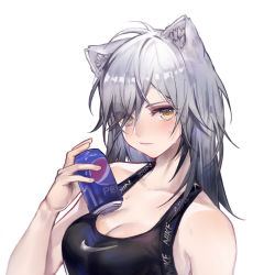 Rule 34 | 1girl, alternate hairstyle, animal ear fluff, animal ears, arknights, bare arms, bare shoulders, blush, breasts, can, cat ears, cleavage, drink can, grey hair, hair down, hand up, highres, holding, holding can, kiji (yuanruiy), long hair, looking at viewer, medium breasts, nike (company), pepsi, revision, schwarz (arknights), simple background, soda can, solo, upper body, white background, yellow eyes