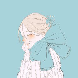 Rule 34 | 1girl, blonde hair, blue background, blue bow, blue scarf, blush, bow, closed eyes, commentary, facing away, hair behind ear, hair between eyes, hair bow, hair ribbon, hand to own mouth, head tilt, highres, long eyelashes, long hair, multiple hair bows, nose blush, nostrils, original, ribbed sweater, ribbon, scarf, scarf bow, see-through, see-through sleeves, shim 46, short twintails, simple background, smile, solo, sweater, swept bangs, teeth, turtleneck, turtleneck sweater, twintails, upper body, upper teeth only