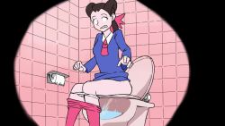 Rule 34 | 1girl, animated, ass, bathroom, biku, blue shirt, blush, brown hair, clothes pull, creatures (company), female pubic hair, game freak, necktie, nintendo, panties, panty pull, pantyhose, pantyhose pull, peeing, pokemon, pokemon rse, pubic hair, roxanne (pokemon), shirt, sitting, solo, sound, toilet, toilet paper, toilet use, twintails, underwear, video, white panties, wiping, wiping pussy