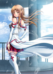 Rule 34 | 10s, 1girl, asuna (sao), bad id, bad pixiv id, bare shoulders, blush, brown eyes, brown hair, detached sleeves, highres, long hair, looking at viewer, looking back, smile, solo, sword art online, thighhighs, toshi (1-147), white thighhighs
