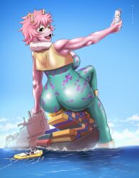 Rule 34 | 1girl, 2boys, absurdres, ashido mina, ass, battleship, boat, boku no hero academia, breasts, colored skin, giant, giantess, highres, horns, large breasts, military vehicle, multiple boys, muscular, muscular arms, muscular female, pink hair, pink skin, selfie, ship, short hair, smile, solo focus, warship, water, watercraft, yellow eyes