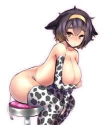 Rule 34 | 1girl, animal ears, animal print, arm under breasts, arm warmers, blush, breast hold, breast suppress, breasts, brown hair, cow ears, cow girl, cow print, cow tail, detached sleeves, footstool, hairband, huge breasts, lactation, leaning forward, looking at viewer, messy hair, nude, original, parted lips, print sleeves, print thighhighs, short hair, simple background, sitting, sketch, solo, stool, tail, tears, thick eyebrows, thighhighs, watari1118, white background, yellow eyes, yellow hairband
