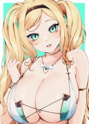Rule 34 | 1girl, armlet, bikini, blonde hair, blue eyes, bracelet, breasts, clenched teeth, collarbone, hairband, highres, hokudei, jewelry, large breasts, long hair, looking at viewer, necklace, original, simple background, solo, swimsuit, teeth, twintails, upper body