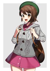 Rule 34 | 1girl, absurdres, backpack, bag, blush, brown bag, brown eyes, brown hair, buttons, cardigan, collared dress, commentary, cowboy shot, creatures (company), dress, game freak, gloria (pokemon), green hat, grey cardigan, hat, highres, holding, holding strap, hooded cardigan, looking at viewer, nintendo, open mouth, pink dress, pokemon, pokemon swsh, short hair, smile, solo, tam o&#039; shanter, tongue, two-tone background, yuihico