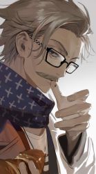 Rule 34 | 1boy, black-framed eyewear, blue scarf, croissant, facial hair, fate/grand order, fate (series), food, glasses, grey hair, itefu, james moriarty (archer) (fate), looking at viewer, male focus, mustache, scarf, simple background, solo, thumb to mouth, upper body