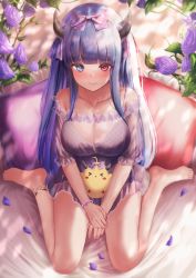Rule 34 | 1girl, absurdres, anklet, azur lane, bare legs, bare shoulders, barefoot, blue eyes, blue hair, blush, bow, bracelet, breasts, cleavage, closed mouth, collarbone, flower, hair bow, hair ornament, highres, horns, ibuki (azur lane), ibuki (tranquil sunya) (azur lane), jewelry, large breasts, manjuu (azur lane), moleshi, off shoulder, official alternate costume, own hands together, petals, pink bow, red eyes, sitting, thighs, wariza
