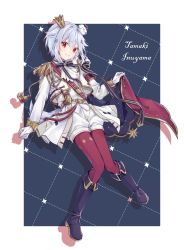 Rule 34 | 1boy, belt, blue hair, boots, cape, character name, crown, dog hair ornament, gloves, hair ornament, highres, inuyama tamaki, knees together feet apart, kumomo 36, neck ribbon, noripro, red eyes, ribbon, sleeve cuffs, smile, solo, sparkle hair ornament, tassel, trap, uniform, unworn cape, virtual youtuber, white gloves