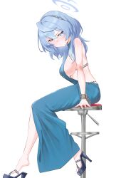 Rule 34 | 1girl, absurdres, ako (blue archive), ako (dress) (blue archive), black hairband, blue archive, blue dress, blue eyes, blue footwear, blue hair, blue halo, blush, breasts, chair, closed mouth, commentary request, dress, hair between eyes, hairband, halo, high heels, highres, large breasts, long hair, looking at viewer, official alternate costume, olecafe2, partial commentary, sideboob, simple background, solo, white background
