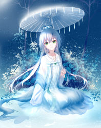 Rule 34 | 1girl, :d, chinese clothes, collarbone, dress, floating hair, full body, green eyes, hair between eyes, hair ornament, hanfu, highres, holding, holding umbrella, jewelry, long dress, long hair, looking at viewer, luo tianyi, necklace, night, oil-paper umbrella, open mouth, outdoors, shawl, silver hair, sitting, smile, snowing, solo, transparent, transparent umbrella, umbrella, very long hair, vocaloid, white dress, yaduo