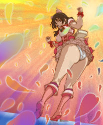 Rule 34 | 1girl, aoi minamo, arms up, ass, black hair, boots, breasts, cosplay, cure peach, cure peach (cosplay), fresh precure!, frills, from below, hair ribbon, high heels, hip focus, knee boots, large breasts, legs, lingerie, magical girl, oki kanae, oprince, panties, pantyshot, petals, petticoat, pink footwear, plump, precure, real drive, ribbon, voice actor connection, shoes, short hair, smile, solo, standing, underwear, wide hips