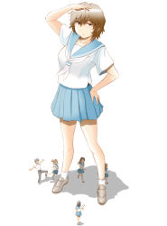 Rule 34 | absurdres, brown hair, giant, giantess, hand on own hip, highres, long hair, looking at viewer, original, panah, school uniform, serafuku, short hair, simple background, skirt, smile, solo, white background