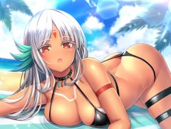Rule 34 | 1girl, armlet, ass, azur lane, bad id, bad pixiv id, bare shoulders, beach, bikini, black bikini, blue sky, blush, breasts, brown eyes, butt crack, choker, cleavage, cloud, collarbone, commentary request, day, facial mark, feather hair ornament, feathers, forehead mark, hair ornament, jewelry, large breasts, long hair, looking at viewer, lying, massachusetts (azur lane), mutsuba fumi, native american, ocean, on stomach, open mouth, outdoors, palm tree, parted bangs, sand, silver hair, sky, solo, swimsuit, thigh strap, tree, water
