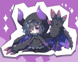 Rule 34 | 1girl, black cape, black dress, black pantyhose, cape, chibi, commentary request, curled horns, dragon girl, dragon horns, dragon tail, dragon wings, dress, full body, gore magala, hood, hood up, hooded cape, horns, horns through headwear, juliet sleeves, long sleeves, milkpanda, monster hunter (series), no shoes, pantyhose, personification, puffy sleeves, purple background, purple wings, sleeves past wrists, solo, sparkle, standing, tail, wide sleeves, wings