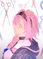 Rule 34 | 1girl, absurdres, animal ears, arknights, black choker, black hairband, black jacket, braid, cat ears, character name, choker, chongyou pomelo, closed mouth, dated, from side, goldenglow (arknights), hairband, highres, jacket, lightning bolt print, long hair, open clothes, open jacket, pink hair, profile, scissors, shirt, side braid, smile, solo, upper body, white background, white shirt, yellow eyes