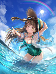 Rule 34 | 1girl, ;), ;q, absurdres, blue ribbon, blush, breasts, brown hair, brown hat, chinese commentary, cleavage, cloud, collarbone, commentary request, day, green one-piece swimsuit, green ribbon, hair ribbon, hat, hat ribbon, highres, leaning forward, long hair, looking at viewer, love live!, medium breasts, minami kotori, mixed-language commentary, ocean, one-piece swimsuit, one eye closed, one side up, open mouth, rainbow, ribbon, see-through, shirt, signature, sky, smile, solo, standing, steilia, straw hat, sun, swimsuit, tongue, tongue out, wading, wet, white shirt