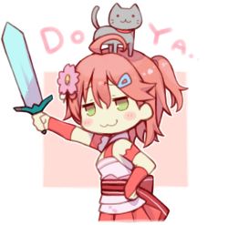 Rule 34 | :3, ahoge, animal, animal on head, armband, bare shoulders, blush, cat, cat on head, cherry blossoms, cleavage cutout, closed mouth, clothing cutout, detached sleeves, doyagao, flower, green eyes, hair flower, hair ornament, hairclip, hand on own hip, holding, holding sword, holding weapon, hololive, kuro (kuroneko no kanzume), medium hair, minecraft, minecraft sword, miniskirt, nontraditional miko, on head, one side up, pink hair, pink skirt, pink sleeves, sakura miko, sakura miko (old design), simple background, skirt, smug, sword, virtual youtuber, weapon