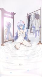 Rule 34 | 1girl, absurdres, ahoge, ass, bed sheet, blue hair, blue petals, breasts, clothes hanger, clothes pin, clothes rack, covering privates, dress, full body, ganyu (genshin impact), genshin impact, goat horns, hair between eyes, hands up, highres, horns, kokuusinsin, light, long hair, looking at viewer, medium breasts, mirror, naked sheet, nude, nude cover, on floor, purple eyes, reflection, sheet grab, sidelocks, sitting, smile, solo, unworn dress, vision (genshin impact), wariza, white background