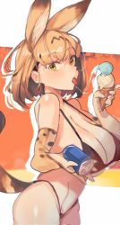 Rule 34 | 1girl, animal costume, animal ear fluff, animal ears, bikini, black bikini, blonde hair, breasts, cat ears, cat girl, cat tail, drink, elbow gloves, extra ears, food, gloves, highres, ice cream, iparupua, kemono friends, large breasts, looking at viewer, open mouth, serval (kemono friends), short hair, simple background, solo, swimsuit, tail, yellow eyes