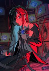 Rule 34 | 1girl, ado (utaite), black bow, black bowtie, black coat, black hair, black pants, blue brooch, blue eyes, blue hair, bow, bowtie, cable, cellphone, chando (ado), closed mouth, cloud nine inc, coat, collared shirt, colored inner hair, commentary request, diffraction spikes, film grain, flower brooch, gloves, hair between eyes, heterochromia, highres, holding, holding microphone, long hair, long sleeves, looking at viewer, microphone, mole, mole under eye, multicolored hair, nikoneko (nikoneko 12), open clothes, open coat, pants, phone, shirt, sidelocks, sitting, smartphone, solo, sparkle, speaker, television, two-tone hair, utaite, white gloves, white shirt