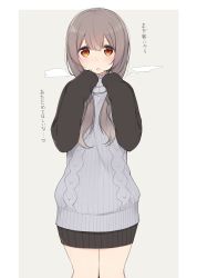 Rule 34 | 1girl, :o, aran sweater, blush, border, breath, brown eyes, cable knit, commentary, cowboy shot, dress, grey background, grey hair, hair between eyes, halterneck, layered clothes, legs together, long hair, long sleeves, looking at viewer, meme attire, nekoume, open mouth, original, ribbed sweater, sleeves past wrists, solo, sweater, sweater dress, tareme, thighs, translated, turtleneck, turtleneck sweater, virgin killer sweater, white border