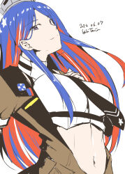 Rule 34 | 1girl, artist name, black jacket, black necktie, blue hair, commentary, commentary request, crop top, dated, dress shirt, headgear, highres, jacket, kantai collection, long hair, midriff, multicolored hair, navel, necktie, open clothes, open jacket, red hair, shirt, smile, solo, south dakota (kancolle), star (symbol), taira yuuki, upper body, white hair, white shirt