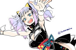 Rule 34 | 1girl, :d, animal ears, armpits, blue eyes, blush, breasts, cat ears, fangs, hair ornament, hairclip, ikuhana niiro, kaguya luna, open mouth, outstretched arms, purple hair, sash, simple background, sleeveless, smile, solo, teeth, the moon studio, twintails, twitter username, virtual youtuber, white background, wrist cuffs