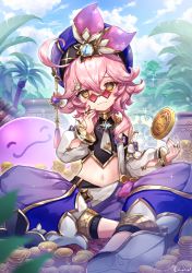 Rule 34 | 1girl, :3, bare shoulders, brooch, closed mouth, coin, crop top, detached sleeves, dori (genshin impact), full body, genshin impact, glasses, gold coin, gold trim, harem outfit, harem pants, hat, hi-na1, highres, jewelry, jinni (genshin impact), long sleeves, looking at viewer, navel, neck ring, pants, pince-nez, pink hat, ring, sitting, smile, solo, stomach, symbol-shaped pupils, yellow eyes