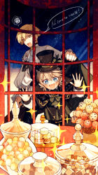 Rule 34 | 2boys, black cape, blonde hair, blue eyes, brown eyes, candy, candy store, cape, commission, english text, fang, food, hat, hinata (echoloveloli), looking through window, multiple boys, night, night sky, open mouth, original, pointy ears, shop, skeb commission, sky, sparkle, speech bubble, top hat, vampire, window