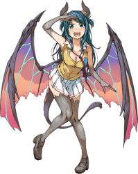 Rule 34 | 1girl, artist request, bare shoulders, blue eyes, blue hair, blush, breasts, chione (monster musume), cracked skin, full body, horns, long hair, loose necktie, medium breasts, monster girl, monster musume no iru nichijou, monster musume no iru nichijou online, necktie, official art, pleated skirt, shirt, skirt, sleeveless, sleeveless shirt, solo, tail, thighhighs, transparent background, white skirt, wings, yellow shirt, zettai ryouiki