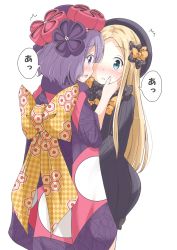 Rule 34 | 2girls, abigail williams (fate), absurdres, aikawa ryou, black bow, black dress, black hat, blonde hair, blue eyes, blush, bow, caught, colored skin, commentary request, dress, fate/grand order, fate (series), flower, forehead, hair bow, hair flower, hair ornament, hairpin, hands on another&#039;s face, hat, highres, japanese clothes, katsushika hokusai (fate), kimono, long hair, multiple girls, obi, orange bow, parted bangs, polka dot, polka dot bow, purple eyes, sash, sleeves past wrists, surprised, very long hair, white skin, yuri