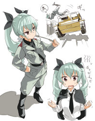 Rule 34 | 10s, anchovy (girls und panzer), belt, black footwear, black shirt, blouse, boots, cape, carro veloce cv-33, dress shirt, drill hair, full body, fume, girls und panzer, green hair, grey jacket, grey pants, hair ribbon, hand on own hip, highres, holding, holding riding crop, jacket, knee boots, long hair, long sleeves, looking at viewer, military, military uniform, military vehicle, motor vehicle, muchi maro, multiple views, necktie, pants, pants tucked in, red eyes, ribbon, riding crop, school uniform, shirt, shoulder belt, simple background, sketch, standing, sweatdrop, tank, text focus, translated, trembling, twin drills, twintails, uniform, upper body, wavy mouth, white background, white shirt