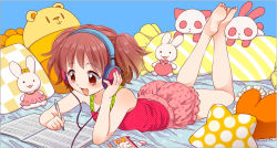 Rule 34 | 1girl, bad id, bad pixiv id, bare shoulders, barefoot, bloomers, bow, bowtie, brown eyes, brown hair, crown, dress, feet, headphones, heart, lying, notebook, on stomach, open mouth, original, pillow, short hair, sleeveless, smile, soles, solo, star (symbol), stuffed animal, stuffed rabbit, stuffed toy, toes, twintails, underwear, watomura