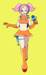 Rule 34 | 1girl, ;), absurdres, blue eyes, boots, breasts, commentary, crop top, elbow gloves, energy gun, full body, gloves, headset, high collar, highres, holster, knee boots, lipstick, makeup, medium breasts, microphone, miniskirt, navel, one eye closed, orange footwear, orange gloves, orange skirt, pink hair, platform boots, platform footwear, ray gun, sami briggs, sega, short hair, short twintails, skirt, smile, solo, space channel 5, stomach, swept bangs, thigh holster, twintails, ulala, watermark, weapon, yellow background