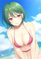 Rule 34 | 1girl, bare arms, bare shoulders, beach, bikini, blue sky, blush, breasts, cloud, collarbone, commentary request, cowboy shot, day, dutch angle, ear piercing, green hair, hair between eyes, halterneck, kazami yuuka, large breasts, leaning forward, lens flare, looking at viewer, navel, outdoors, piercing, plaid, plaid bikini, red bikini, red eyes, short hair, sky, smile, solo, standing, stomach, swimsuit, thighs, touhou, v arms, water, yamayu