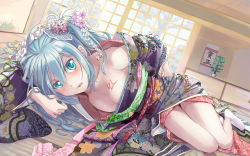Rule 34 | 1girl, aqua eyes, aqua hair, architecture, beek, blue hair, blush, breasts, east asian architecture, feet, flower, foreshortening, hair flower, hair ornament, hatsune miku, highres, japanese clothes, lying, on side, open clothes, open mouth, socks, solo, tabi, vocaloid, white socks