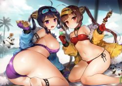 Rule 34 | 2girls, ahoge, ass, azur lane, bare shoulders, bikini, black hair, blush, breasts, brown hair, closed mouth, commentary request, day, eyewear on head, food, fur-trimmed jacket, fur trim, gijang, gloves, hair rings, halterneck, holding, holding food, jacket, large breasts, long hair, looking at viewer, multiple girls, navel, ning hai (azur lane), ning hai (summer hunger) (azur lane), open mouth, outdoors, ping hai (azur lane), ping hai (summer vacation) (azur lane), purple bikini, purple eyes, purple gloves, red bikini, red eyes, red gloves, side-tie bikini bottom, small breasts, sweat, swimsuit, thighs, twintails, very long hair, visor cap