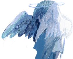 1girl angel blue_hair blue_theme closed_eyes commentary_request feathered_wings halo highres original shirt short_sleeves solo t-shirt upper_body wings yakarete11