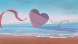 Rule 34 | beach, blue sky, cloud, commentary request, day, heart, highres, ocean, original, ribbon, sand, scenery, shade, shuu illust, sky, valentine, waves