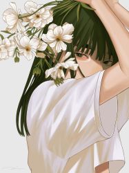 Rule 34 | 1girl, arms up, commentary request, covering face, flower, green eyes, green hair, hair between eyes, highres, holding, long hair, looking at viewer, midriff peek, original, shirt, short sleeves, simple background, tori no 3046, white background, white flower, white shirt
